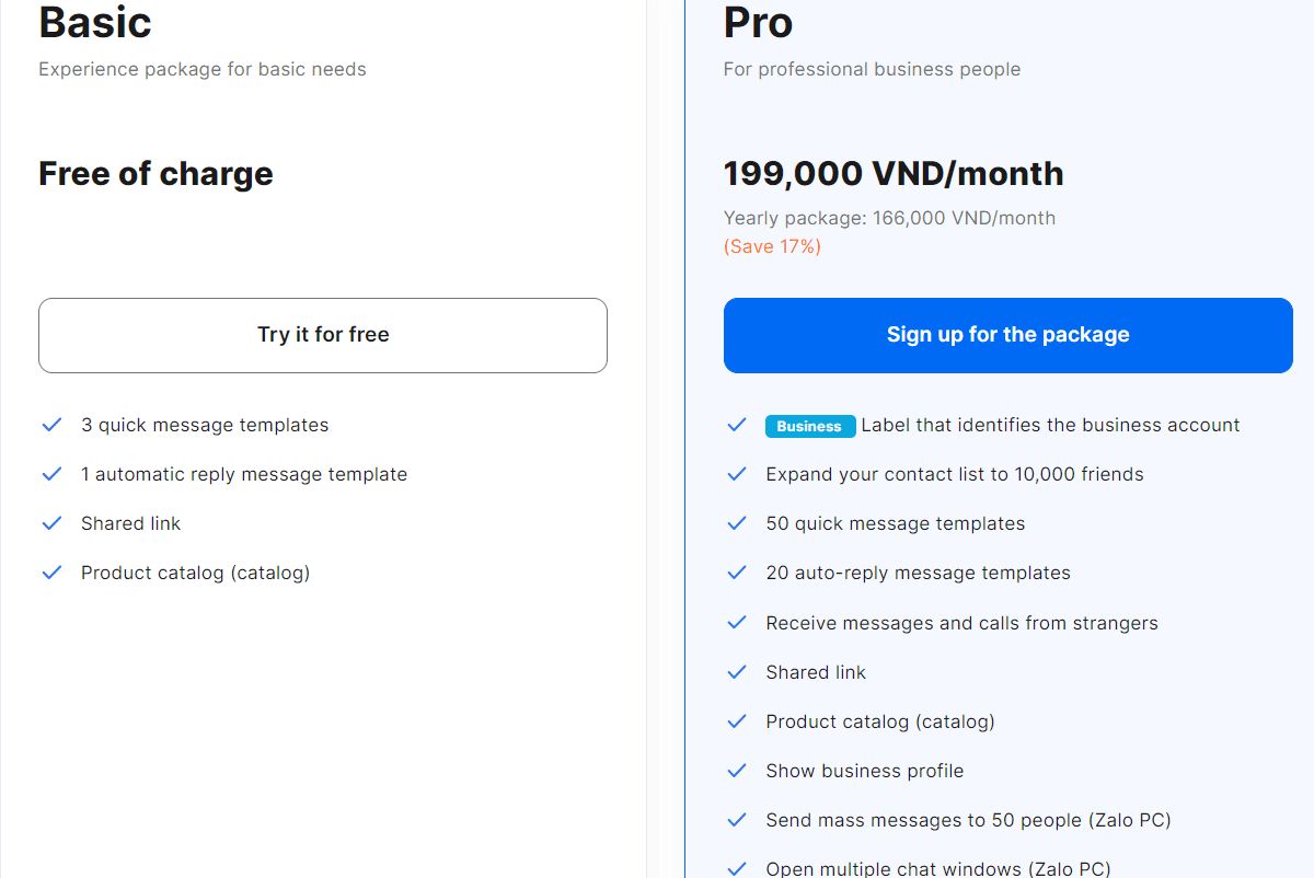 các gói sử dụng zalo